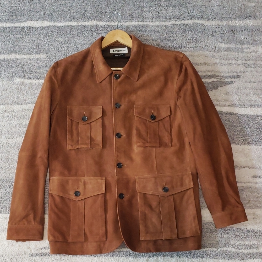 New J. Peterman Men's Suede Field Jacket in Rich Cognac Brown